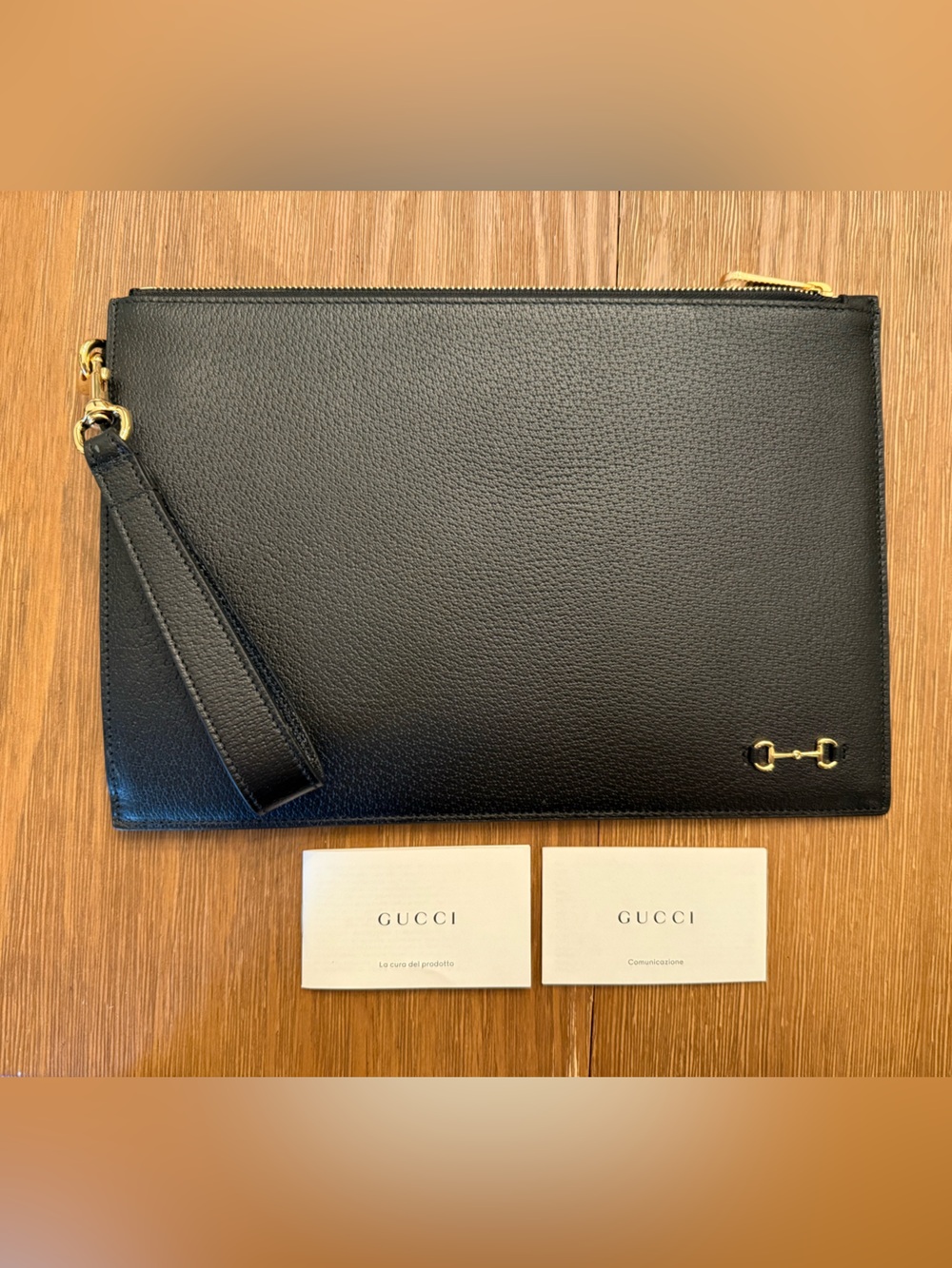 Authentic Gucci Horsebit Black Leather Clutch Bag